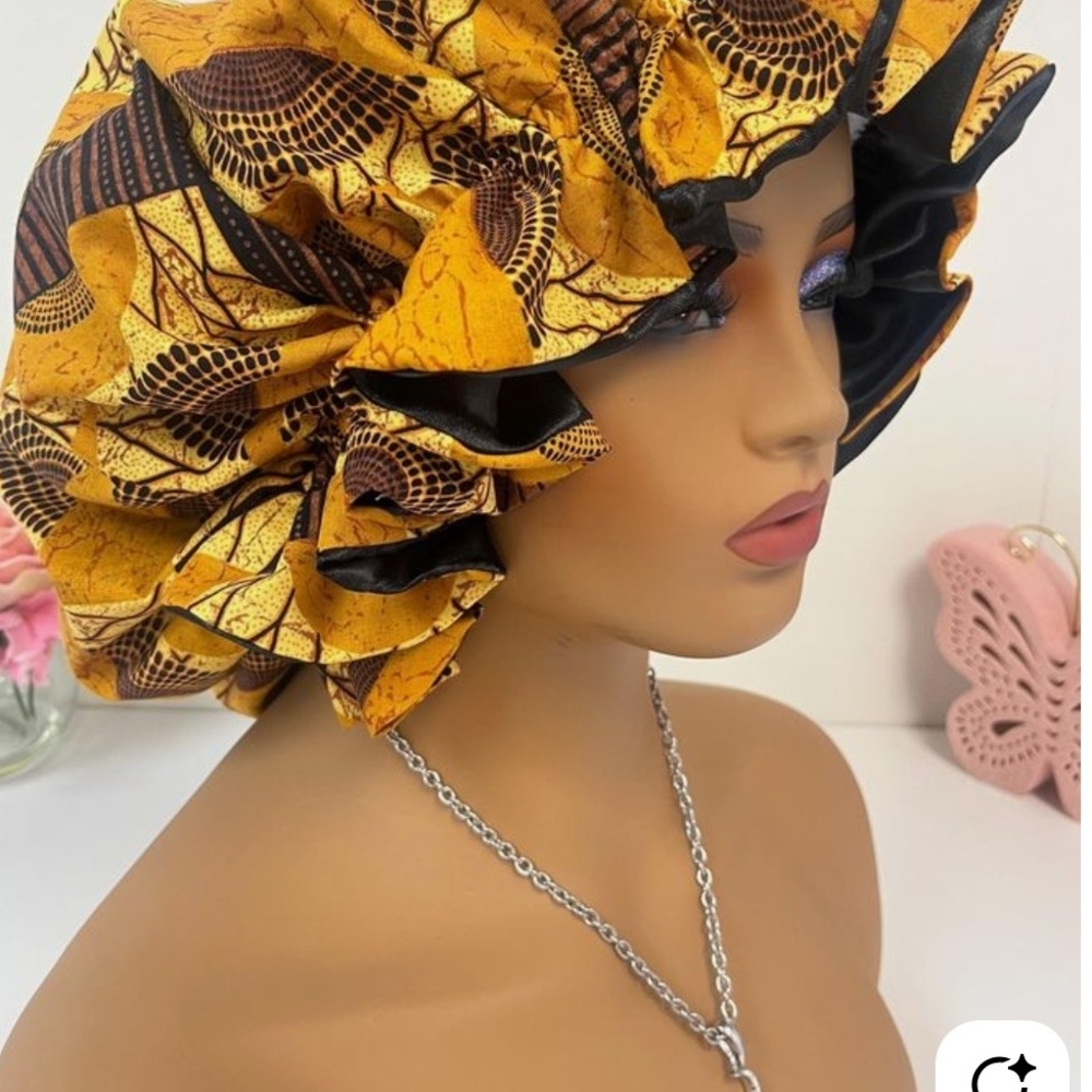 African Print Satin Bonnet - Yellow and Black